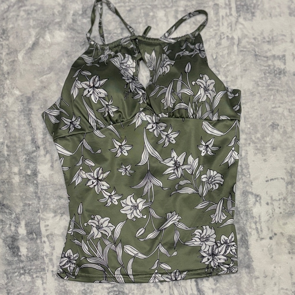 Olive Green Floral Halter Camisole